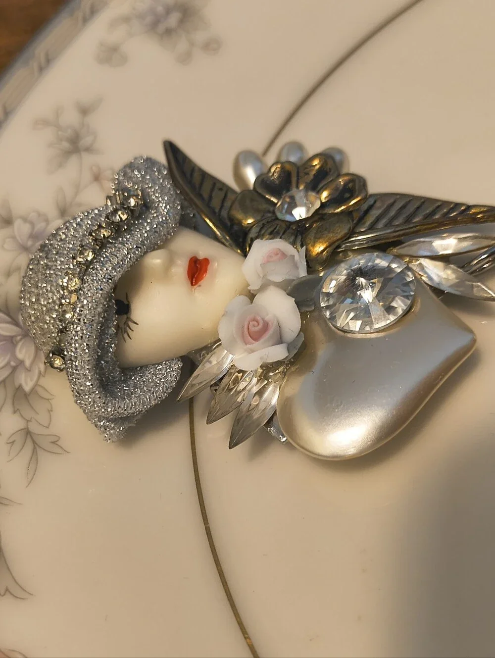 Vtg 80s Art Deco Silver Tone Lady Bonetto Watch Brooch Multicolor W/ Rhinestones